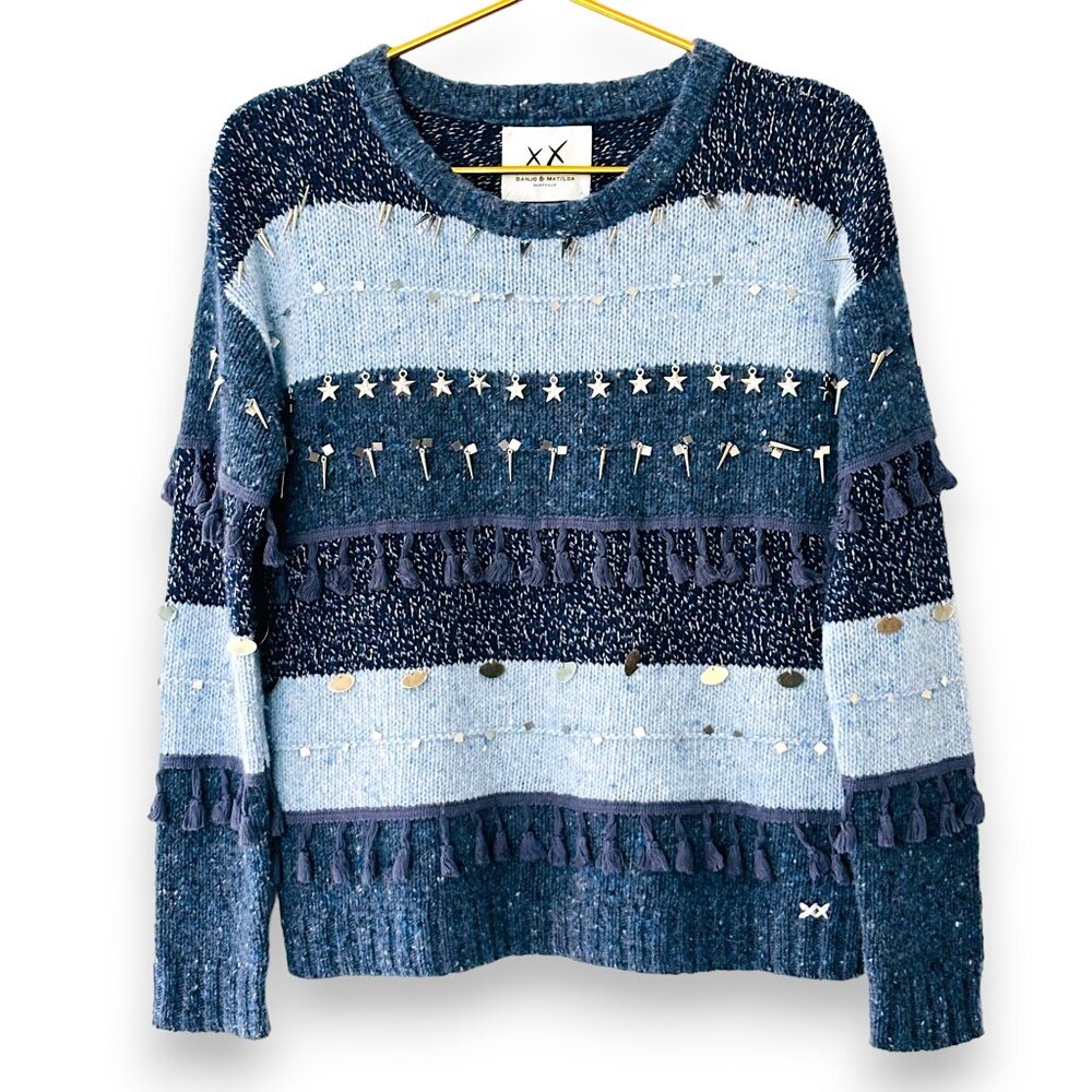NWOT! Banjo & Matilda Embellished Blue Striped Sweater